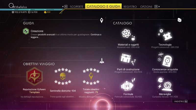 no man's sky menù catalogo e guida
