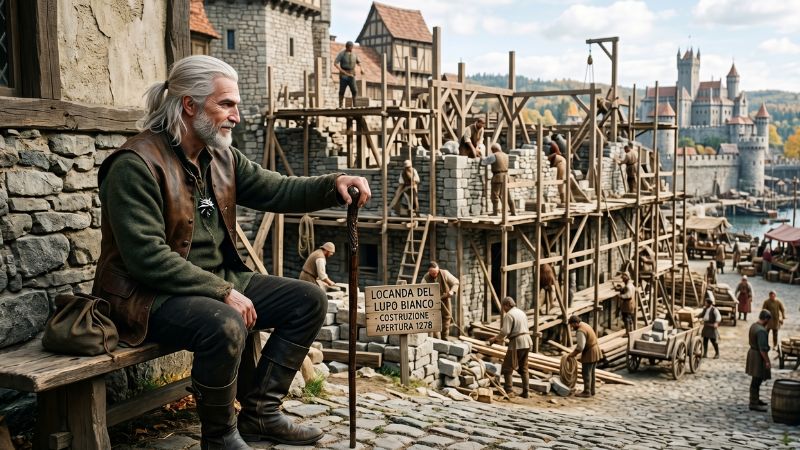 GERALT DI RIVIA DI THE WITCHER 3 IN PENSIONE CHE GUARDA UN CANTIERE