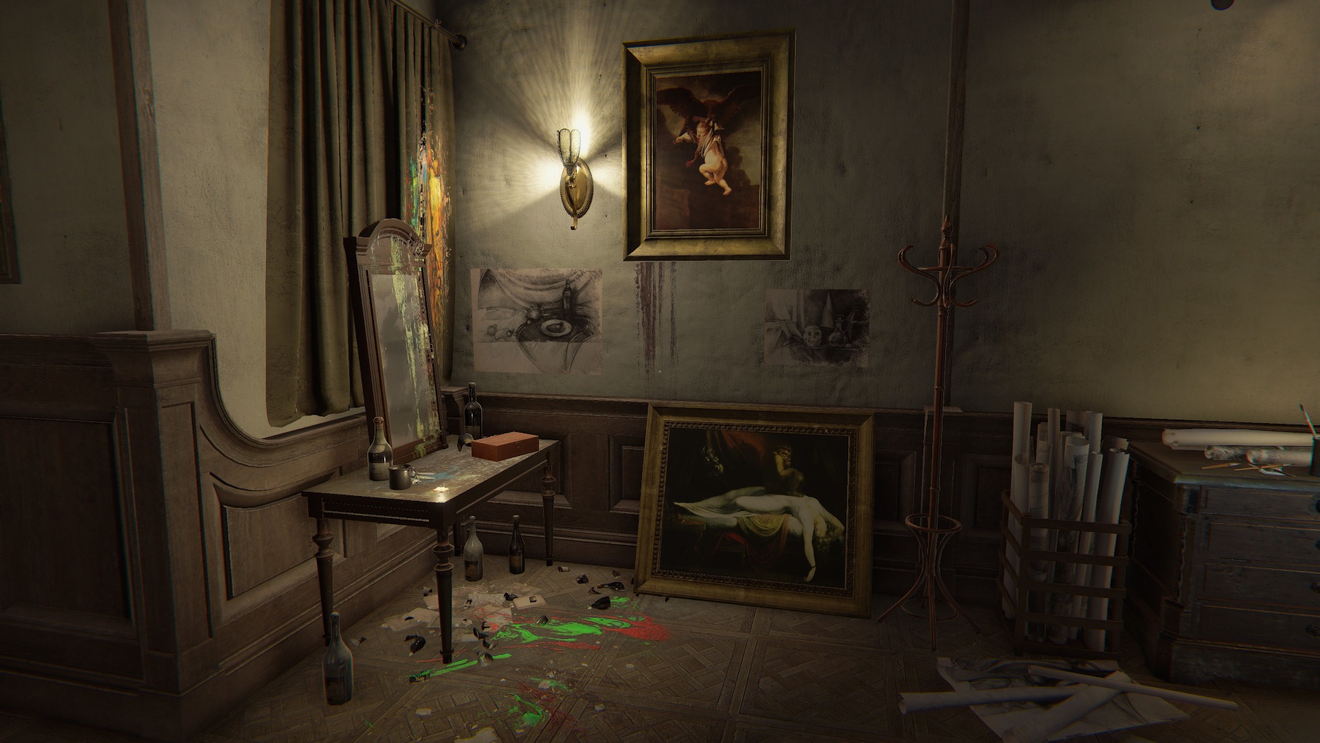 Una stanza che muta prospettiva con quadri deformati nel gioco horror psicologico Layers of Fear