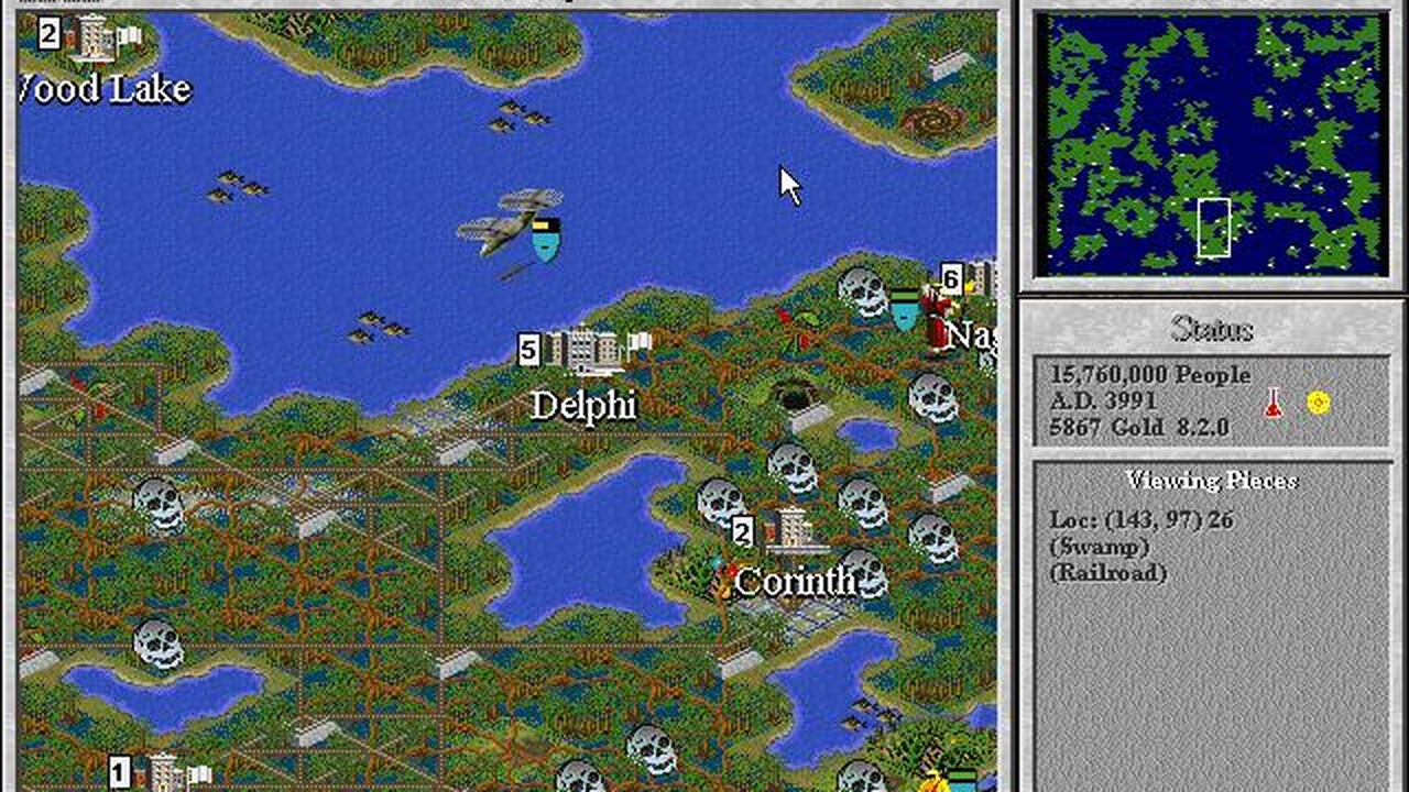 Mappa strategica di Civilization II del 1996 con città e territori, la gestione della civiltà umana