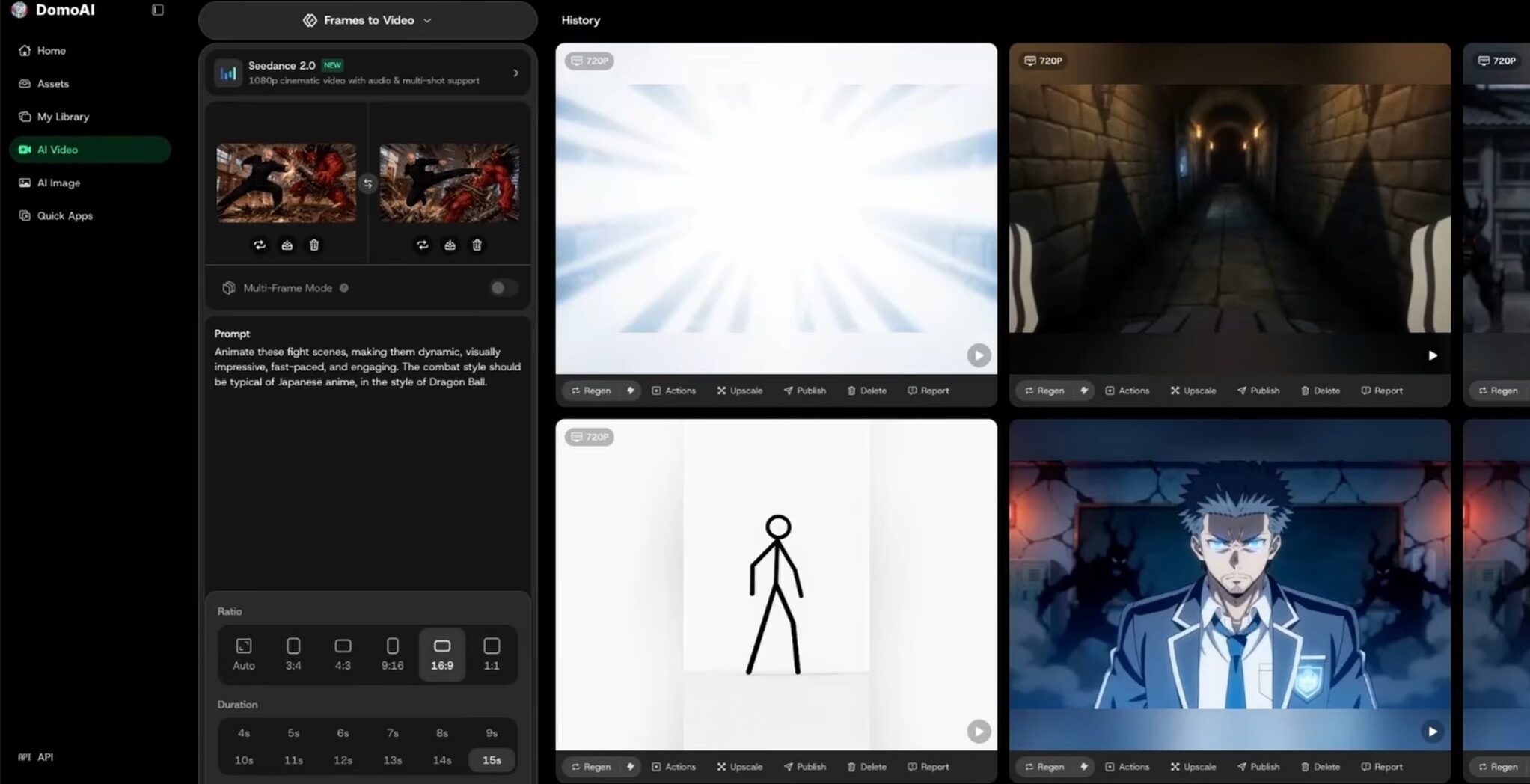 Funzione Frames to Video di DomoAI nella nostra sezione NovitàTech, con fotogrammi di riferimento e prompt per creare un video