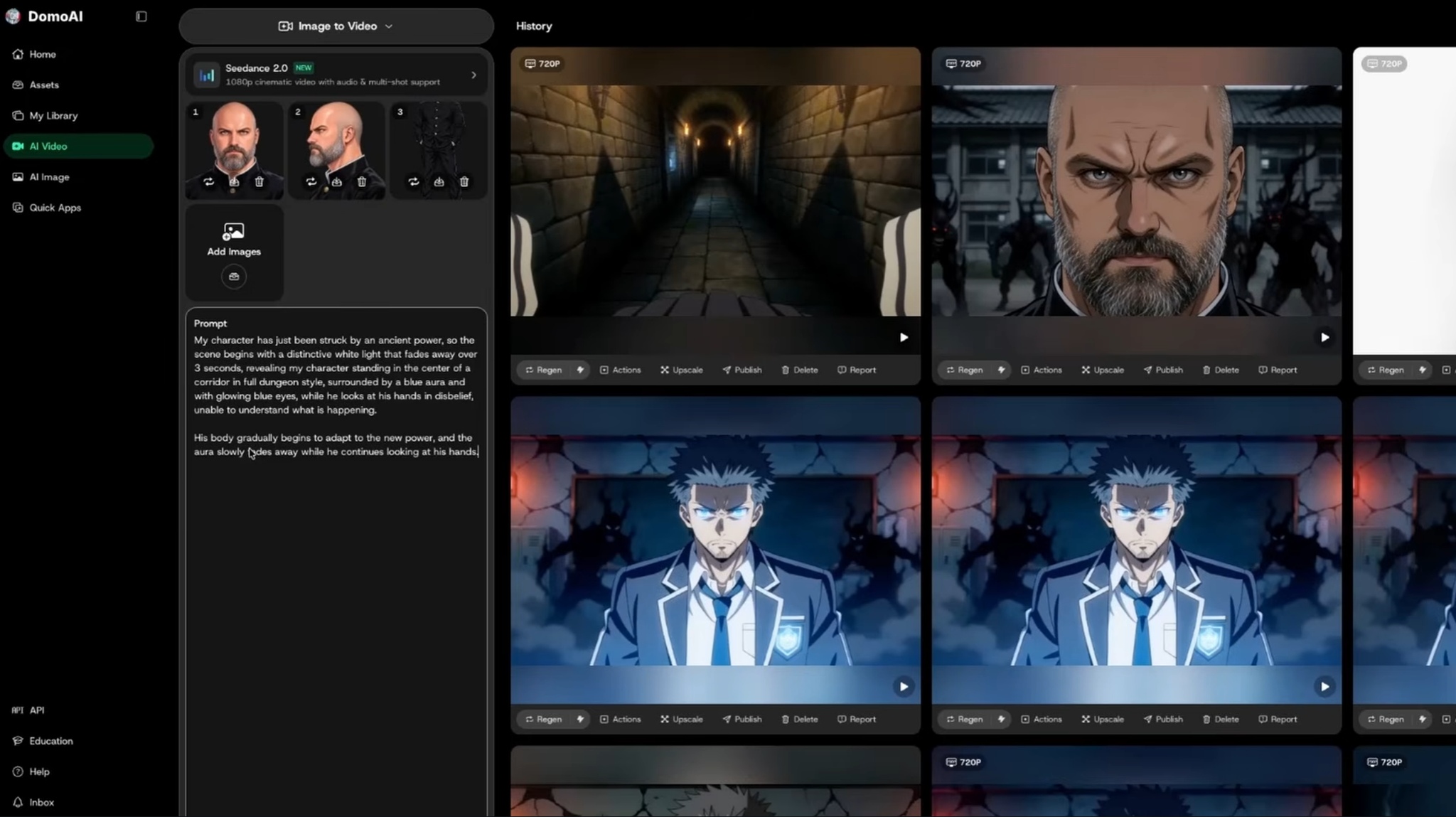 Funzione Image to Video di DomoAI con immagini di riferimento e prompt per generare una scena animata