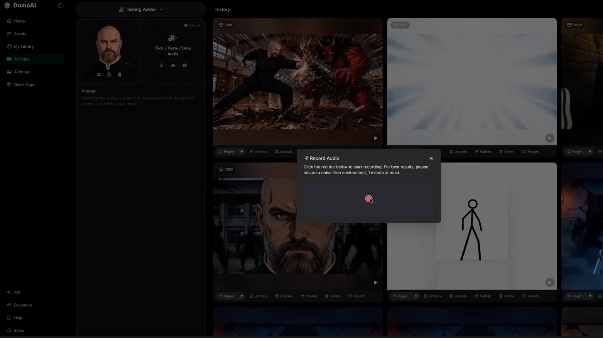 Talking Avatar e Lip Sync di DomoAI con registrazione audio per sincronizzare voce e avatar