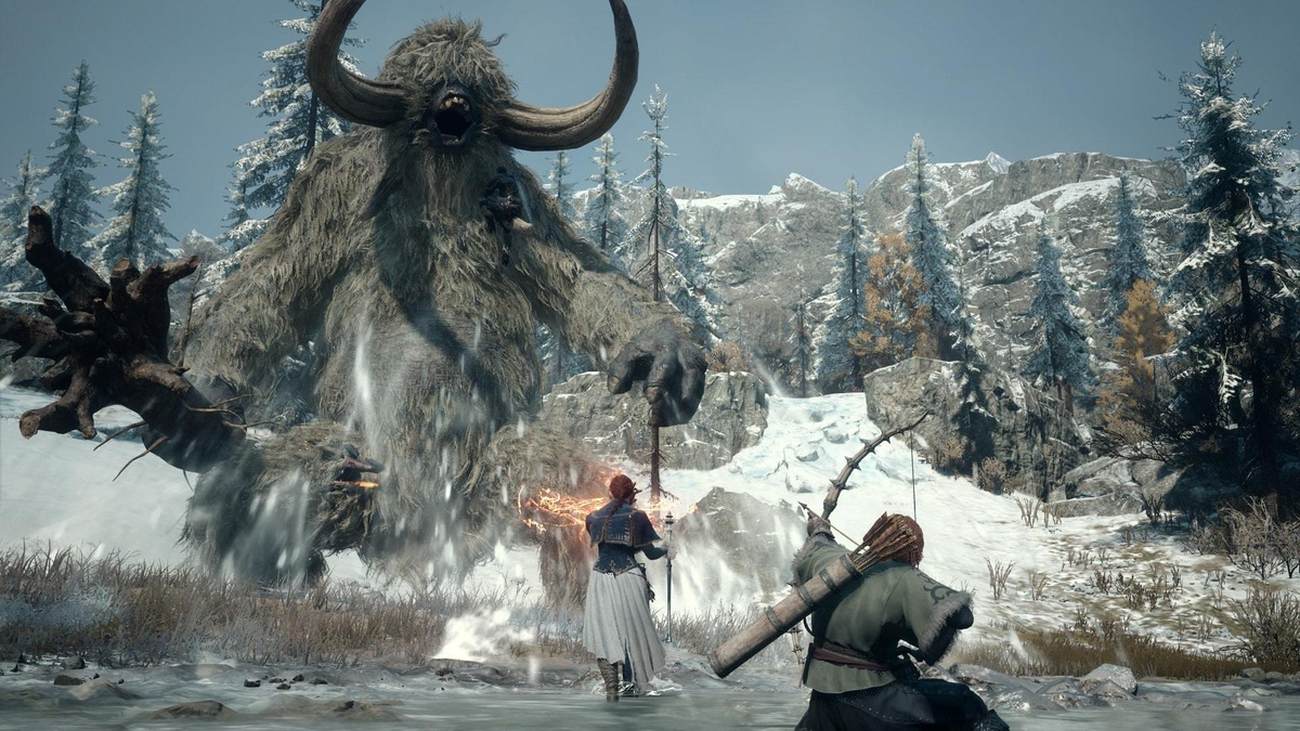 Combattimento contro una gigantesca creatura nelle terre innevate di Dragon's Dogma 2 Dark Arisen