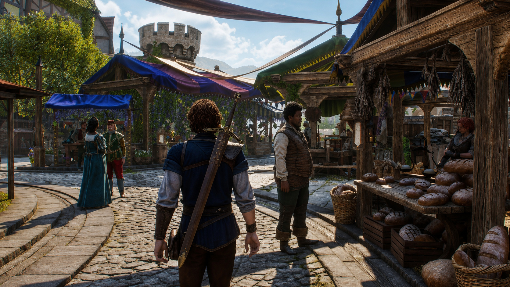 Gameplay di Fable nel mercato di Bowerstone con abitanti e bancarelle della nuova Albion. Nelle notizie Top Games