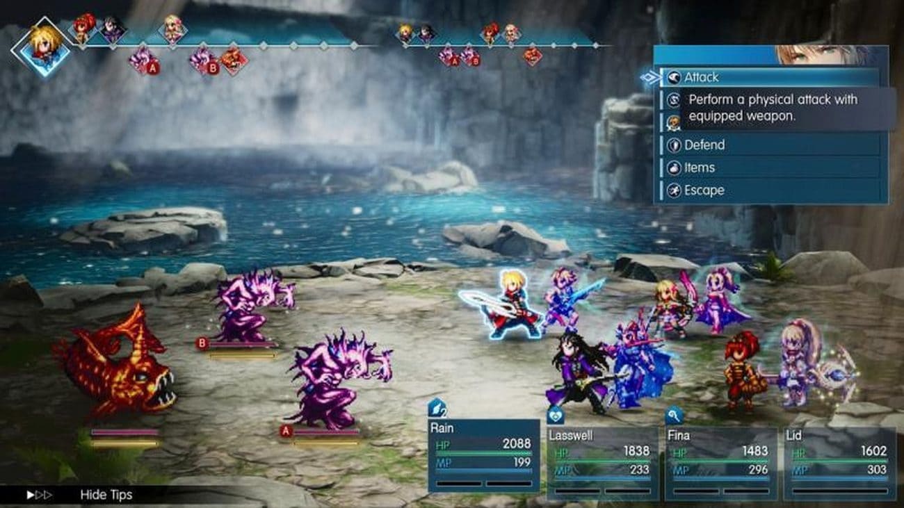 Combattimento a turni in Final Fantasy Resonance con Rain, Lasswell, Fina e Lid