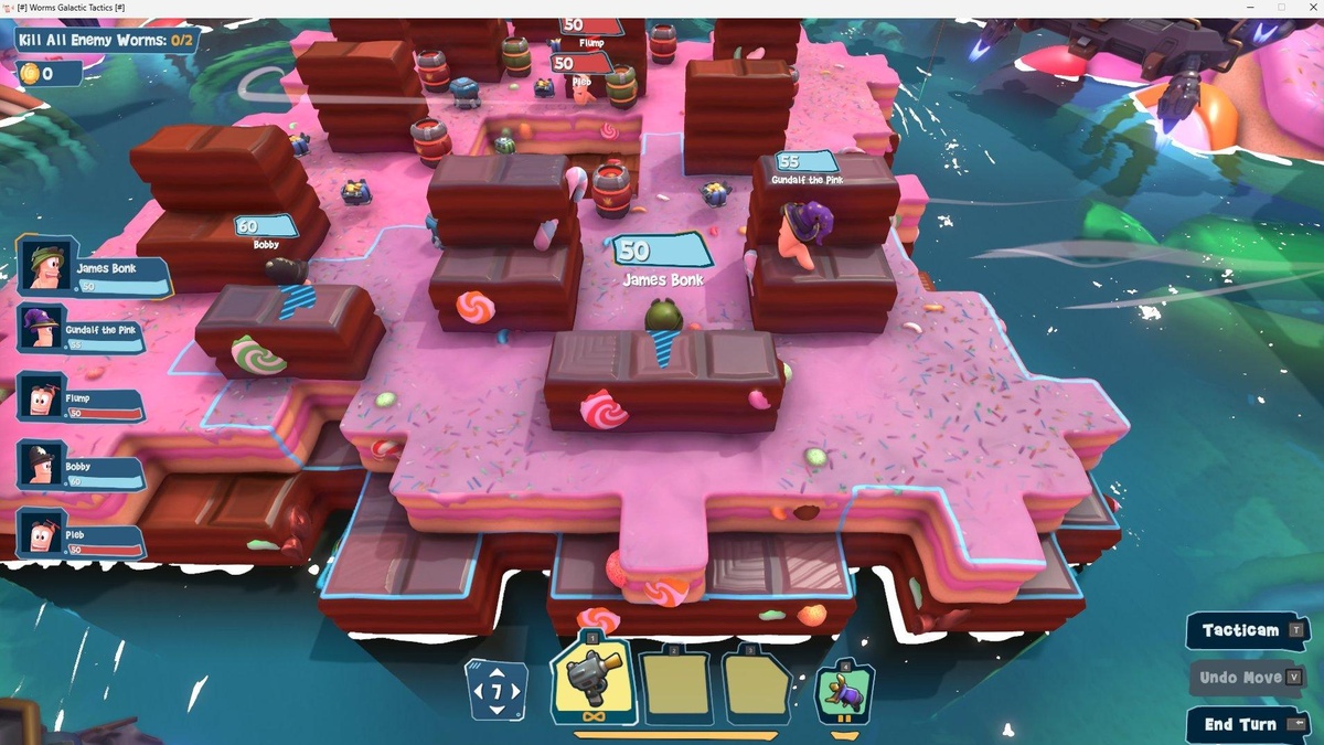 Worms Galactic Tactics mostra il campo di battaglia a turni con i celebri vermi impegnati nello scontro.