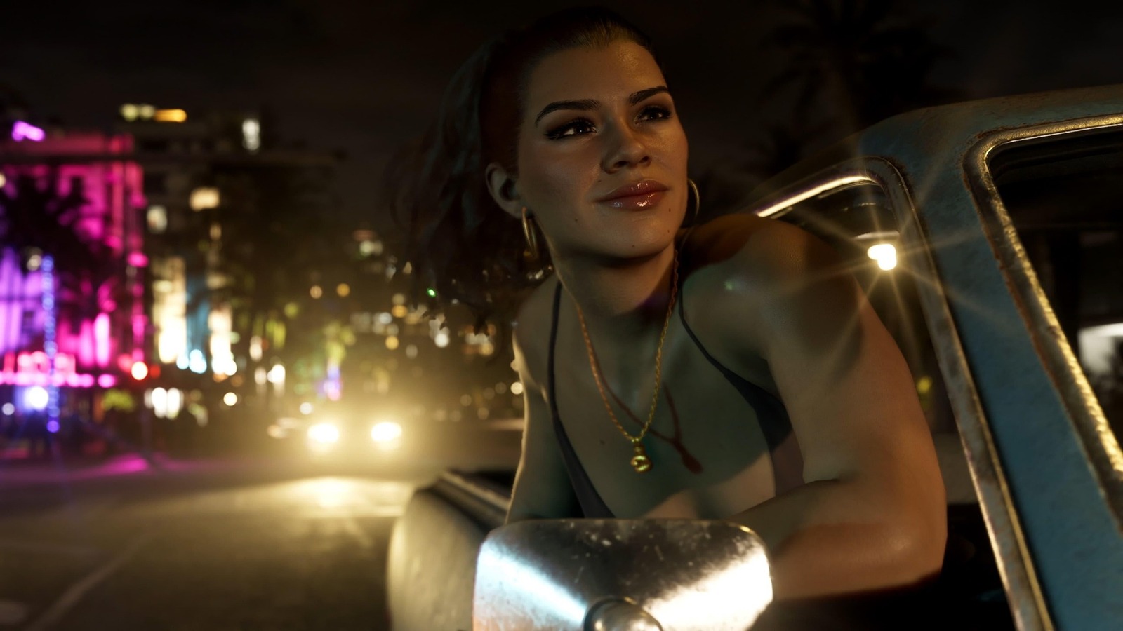 Lucia affacciata dall'auto tra le luci notturne di Vice City in GTA VI. Nelle notizie Top Games. 