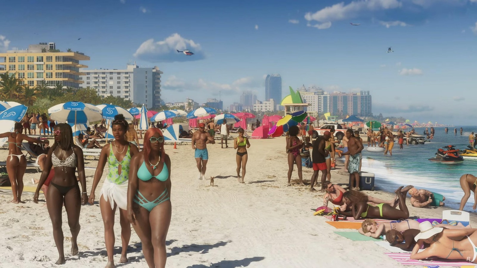 Spiaggia affollata di Vice City in GTA VI con NPC, ombrelloni, bagnanti e attività sul litorale. 