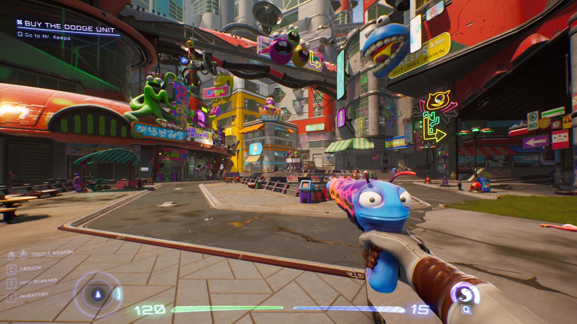Gameplay di High On Life con un’arma parlante nella colorata città aliena, nella classifica Top Games