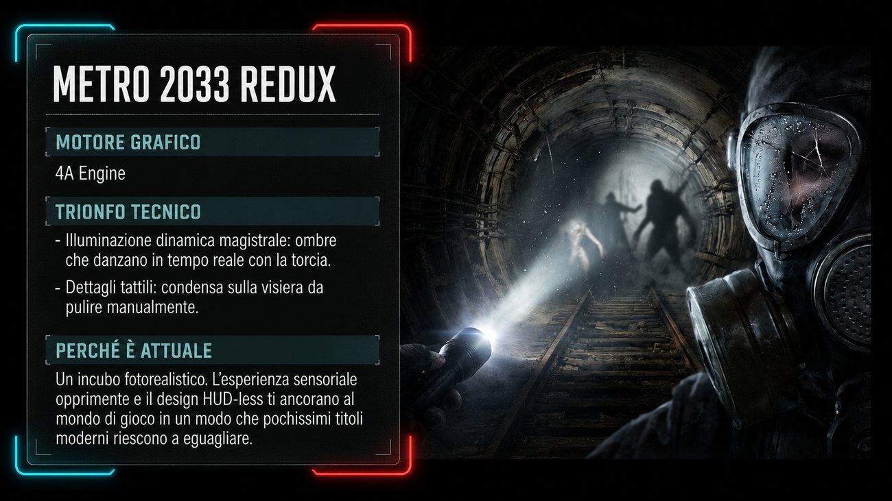 Metro 2033 Redux con illuminazione dinamica e atmosfera nel sottosuolo. Uno dei videogiochi vecchi con grafica devastante