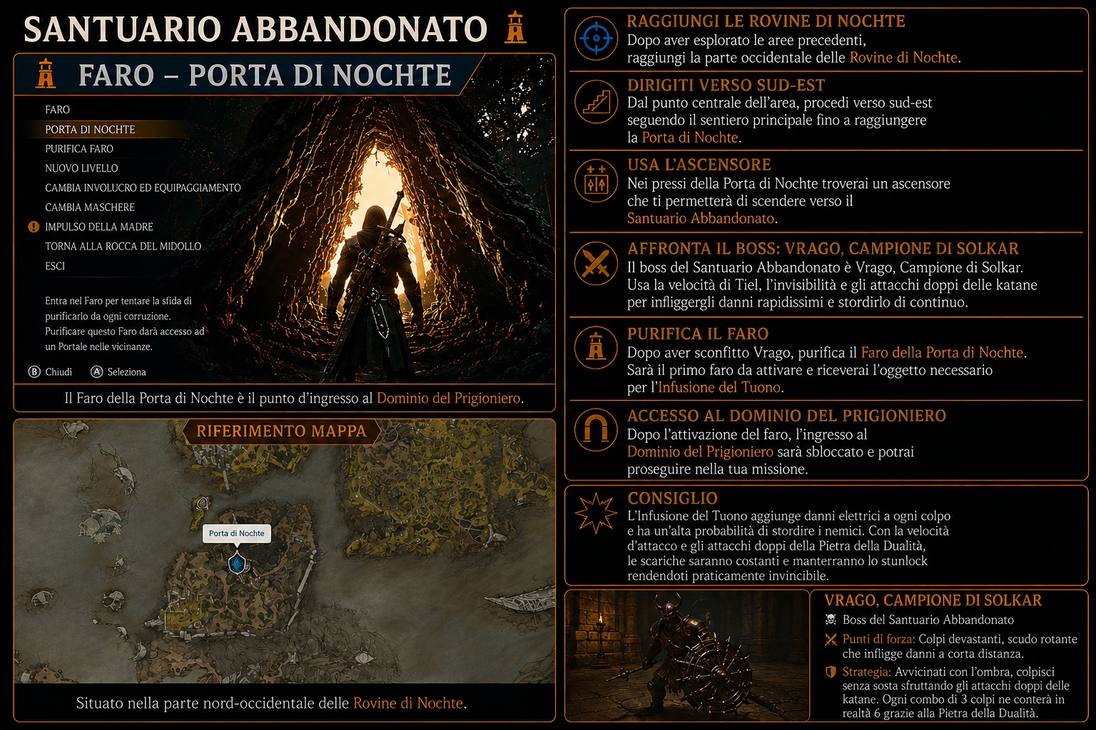 Santuario Abbandonato in Mortal Shell 2 con Vrago, Faro della Porta di Nochte e Infusione del Tuono