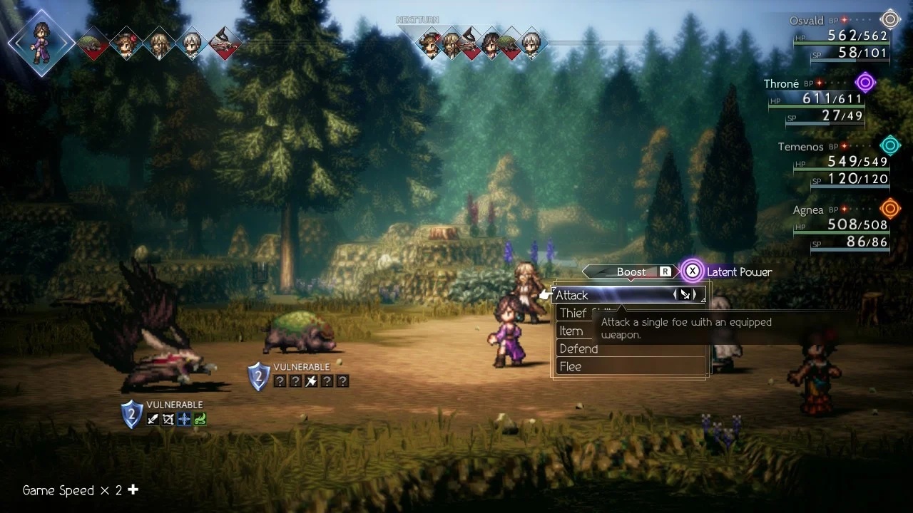 Octopath Traveler 2 durante un combattimento a turni con grafica HD-2D nella classifica dei giochi a meno di 10 euro di Top Games