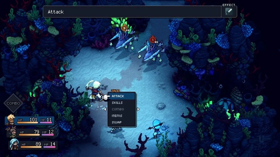 Sea of Stars durante un combattimento a turni in stile pixel art