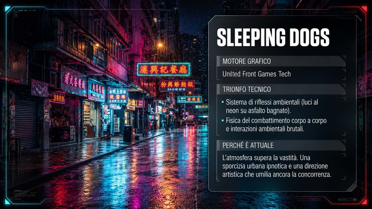 Sleeping Dogs e i riflessi al neon della Hong Kong notturna. Nella classifica Top Games 