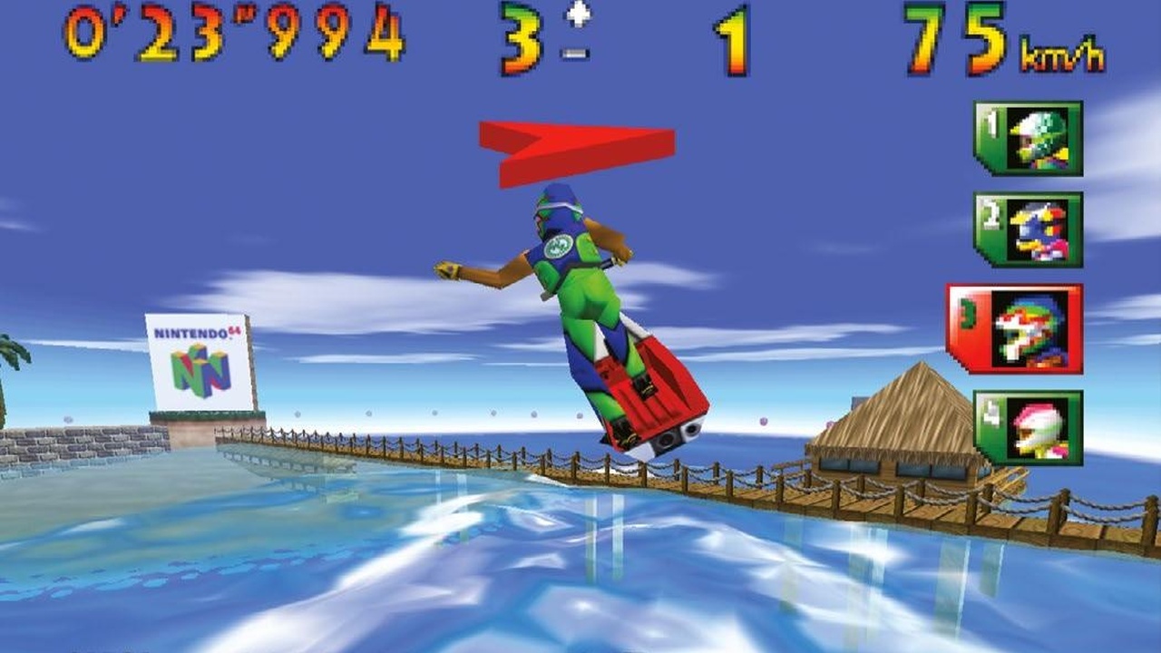 Salto con una moto d'acqua in Wave Race 64, uno dei videogiochi storici Nintendo