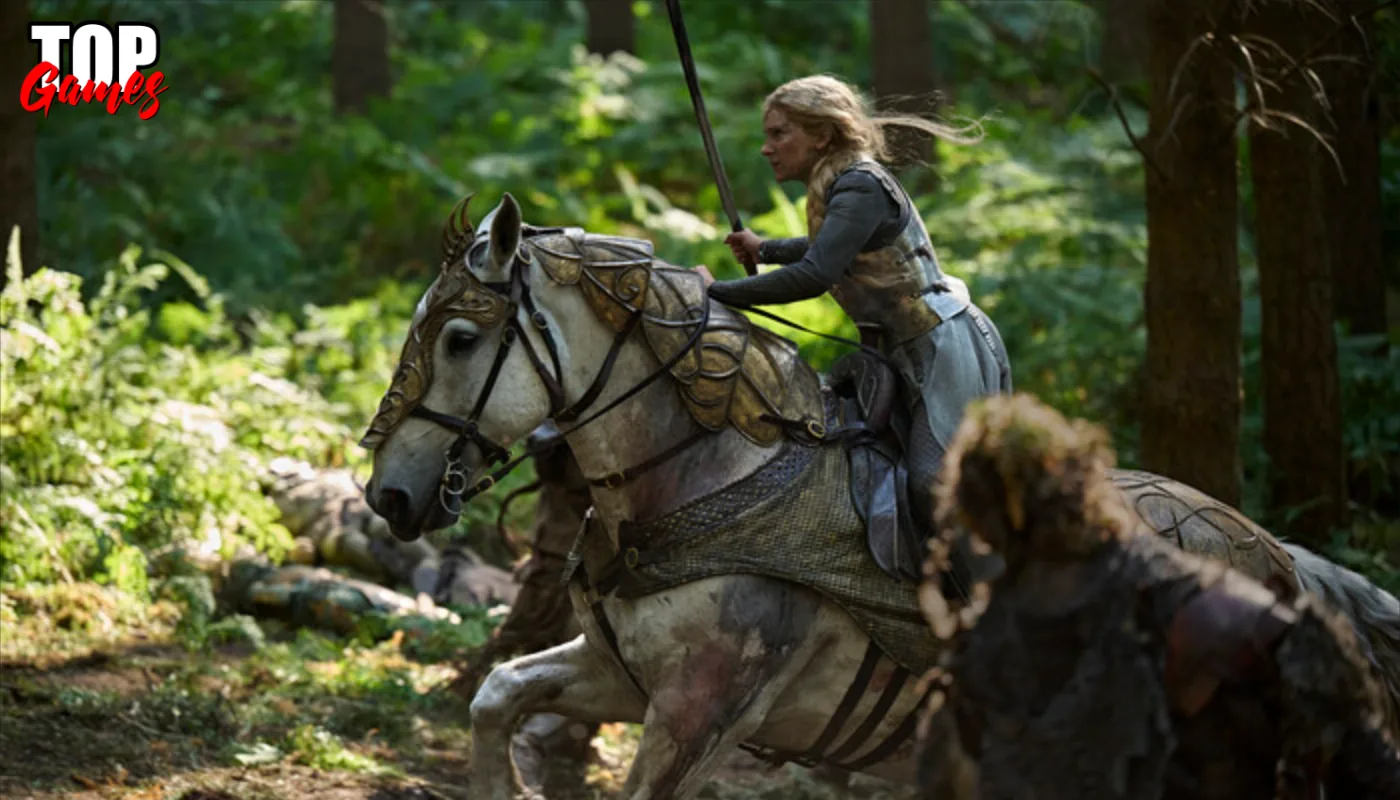 Galadriel a cavallo nella foresta in Gli Anelli del Potere 3