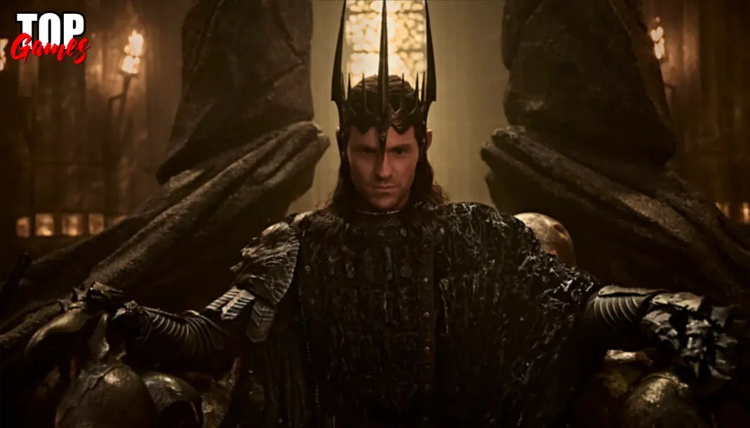 Gli Anelli del Potere 3 Sauron prepara la nascita dell Unico Anello Charlie Vickers come Sauron sul trono in Gli Anelli del Potere 3
