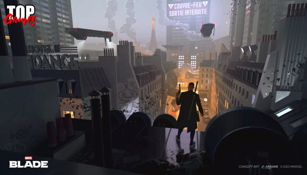 Concept art di Marvel Blade di Arkane Lyon con il protagonista sui tetti di Parigi