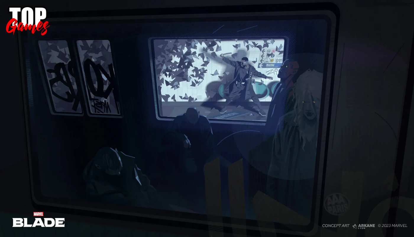 Concept art di Marvel Blade di Arkane Lyon con il cacciatore nella metropolitana