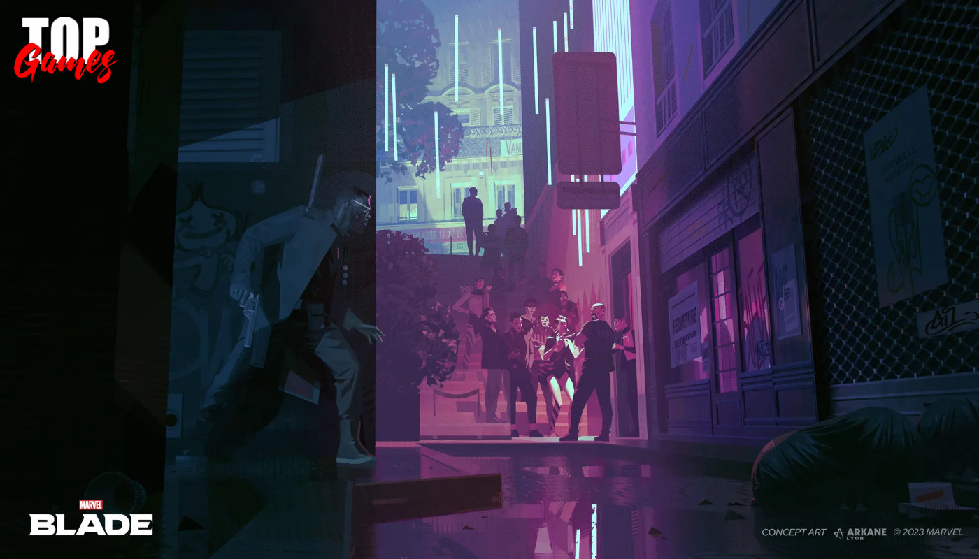 Concept art di Marvel Blade di Arkane Lyon con un locale illuminato da neon