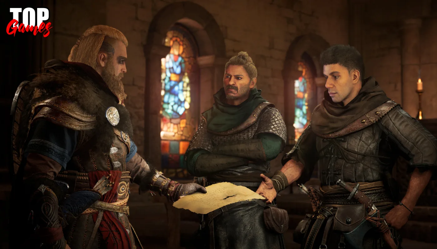 Eivor e altri due personaggi con una mappa in Assassins Creed Valhalla
