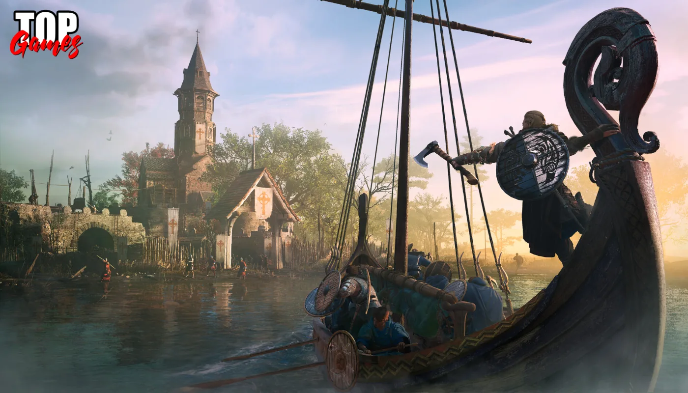 Eivor sul drakkar davanti a un insediamento in Assassins Creed Valhalla