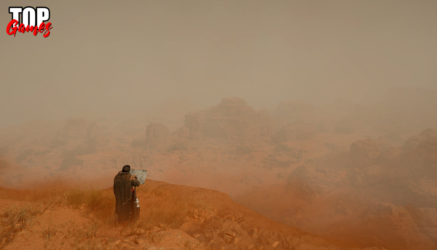 Un viaggiatore attraversa il deserto avvolto dalla foschia di Pywel