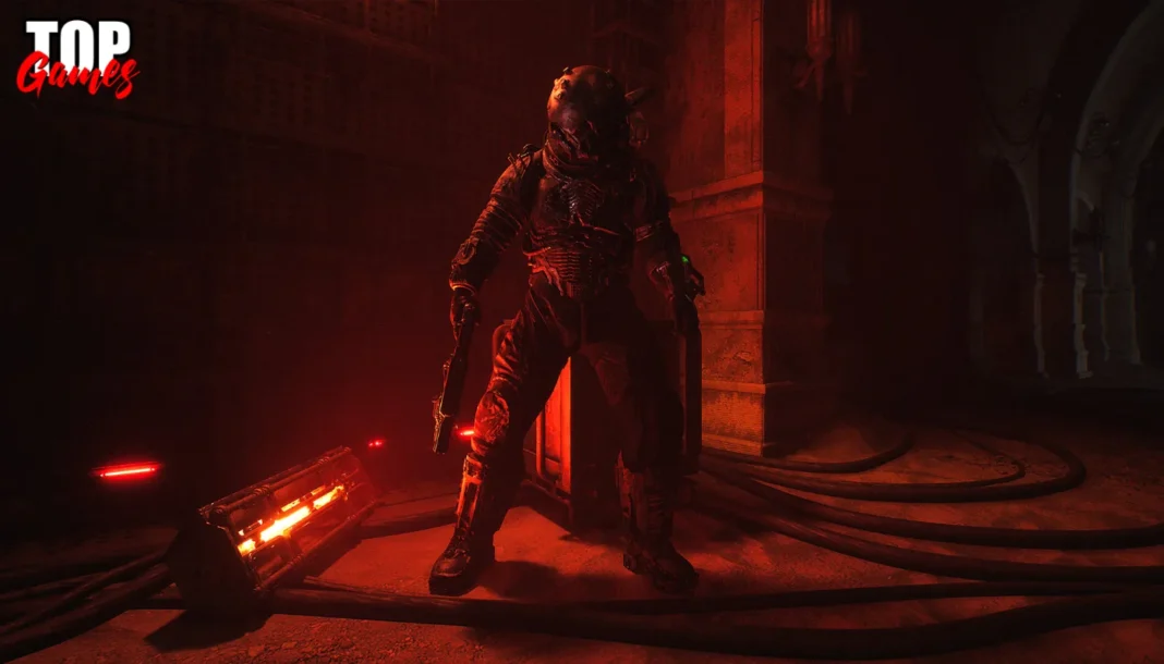 Cronos Lazarus arriva a dicembre e il Collettivo ti dà la caccia Figura corazzata nella luce rossa in uno screenshot ufficiale di Cronos Lazarus