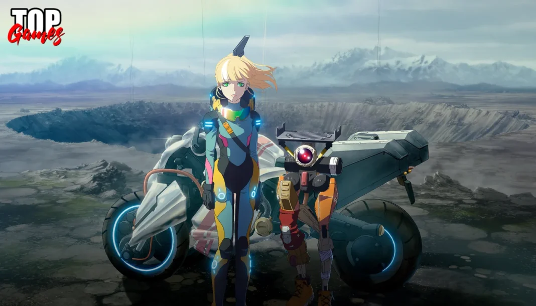 La ragazza e il robot di Death Stranding Isolations Una ragazza e un robot davanti a un cratere in Death Stranding Isolations