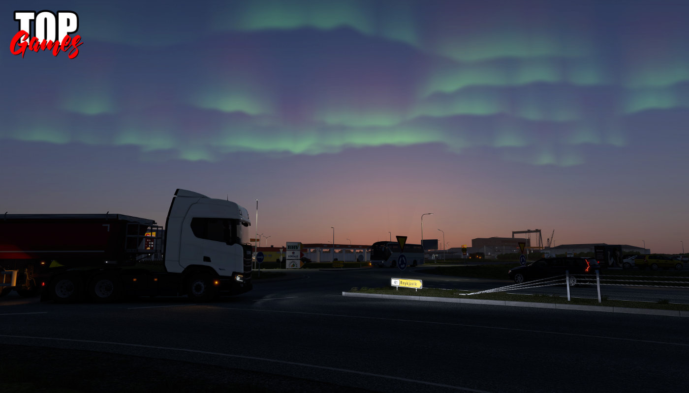 Un camion sotto l’aurora boreale vicino a Reykjavík in Euro Truck Simulator 2