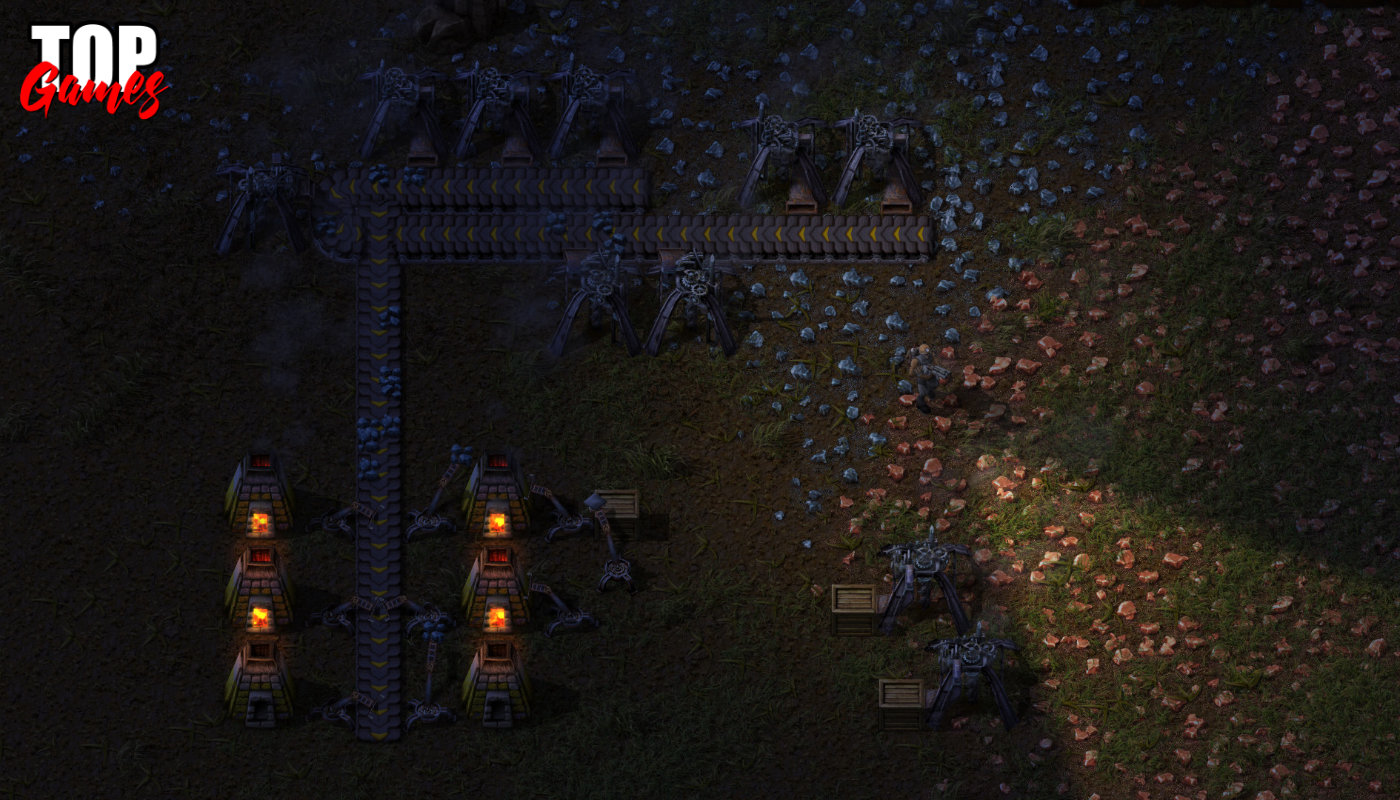 Factorio estrazione mineraria e forni al lavoro durante la notte