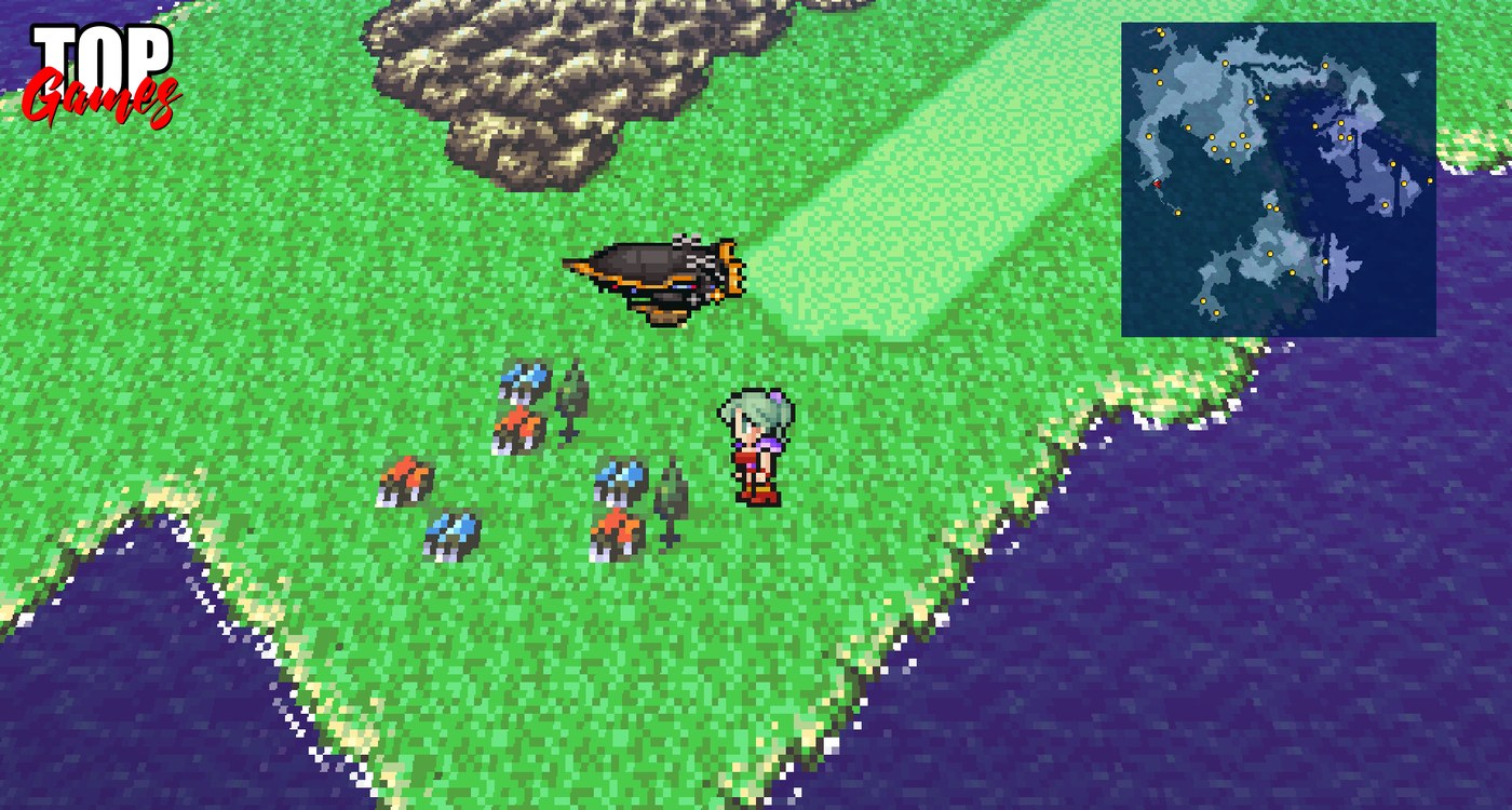 Il gruppo esplora la mappa del mondo in Final Fantasy VI Pixel Remaster