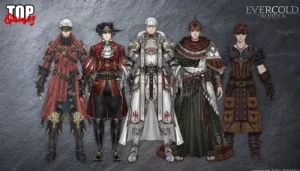 Final Fantasy XIV Evercold cinque personaggi con equipaggiamenti differenti