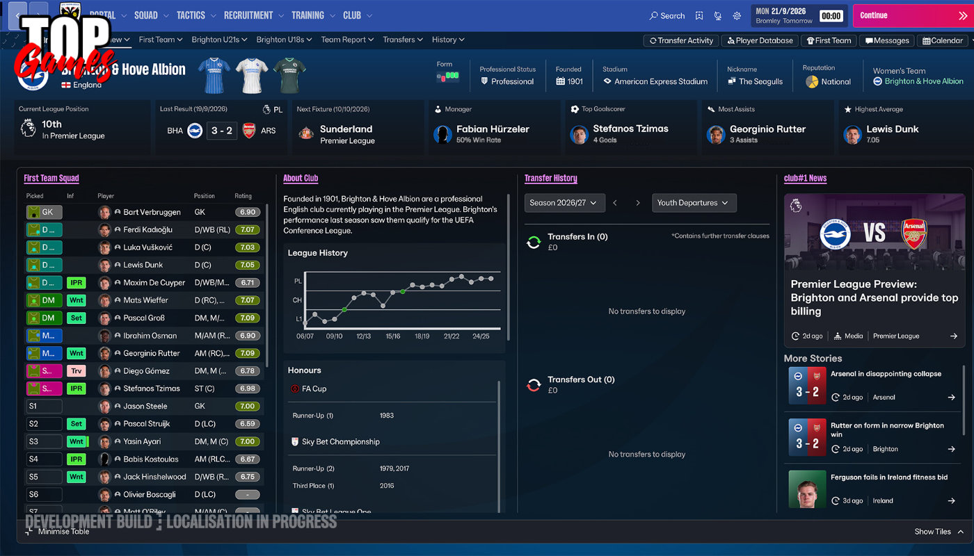 Football Manager 27 mostra il club e la rosa da gestire nella prova gratis