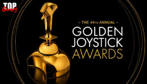 Trofeo dorato e grafica della quarantaquattresima edizione dei Golden Joystick Awards