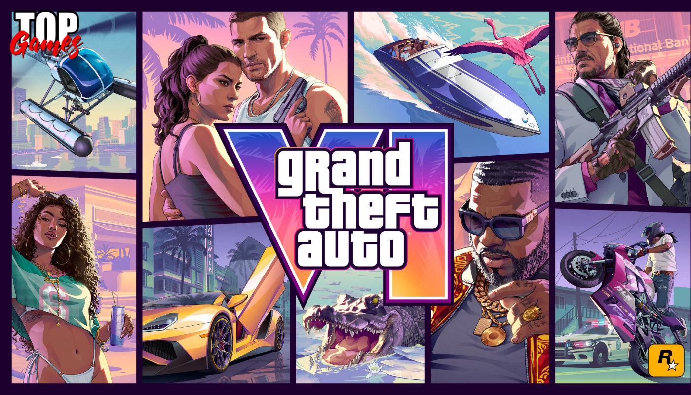L artwork di GTA 6 con i personaggi e i simboli di Vice City