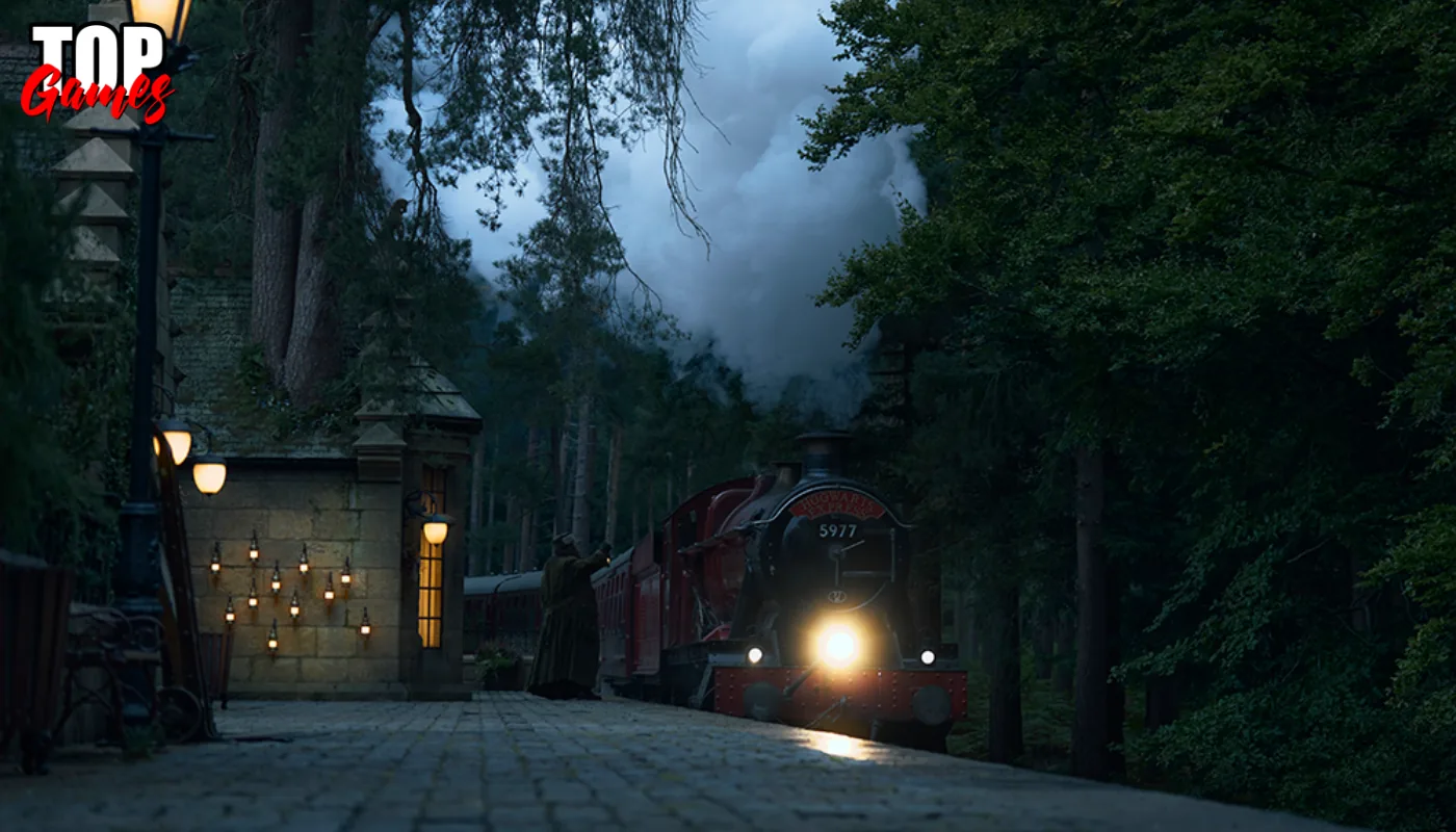 Hogwarts Express rosso tra gli alberi nella nuova serie Harry Potter HBO