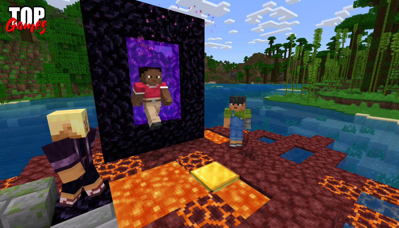 Personaggi di Minecraft escono da un portale nel mondo condiviso