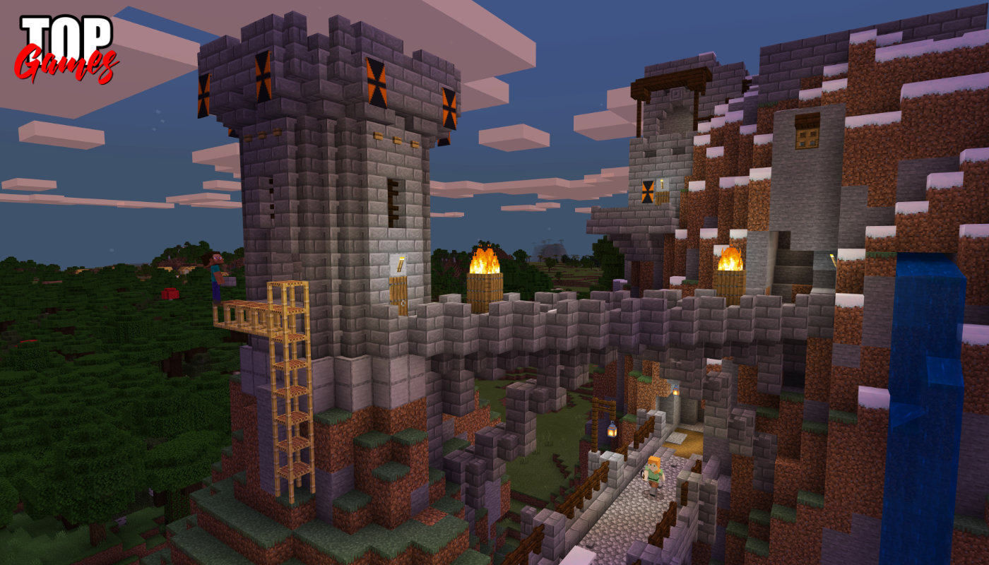 Steve e Alex costruiscono un castello nel mondo di Minecraft