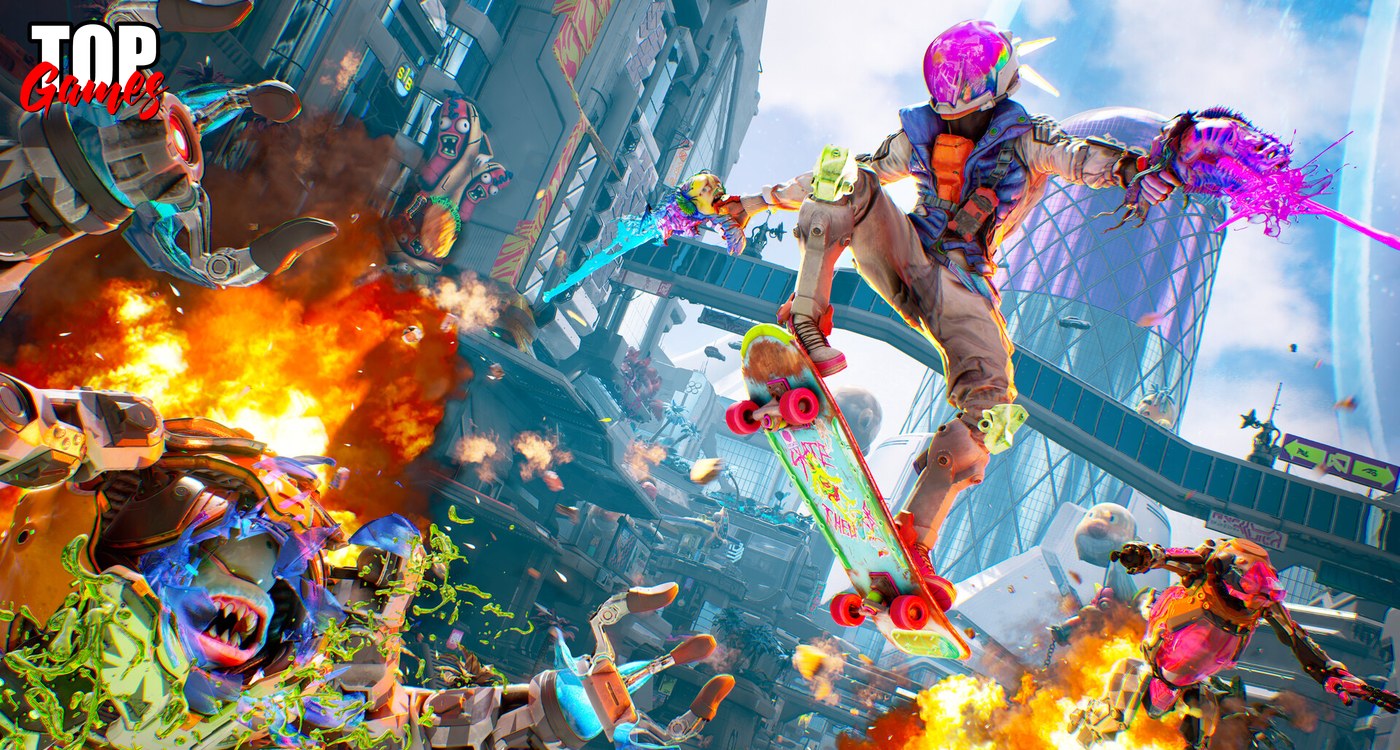 Un personaggio sullo skateboard tra esplosioni e alieni in High on Life 2