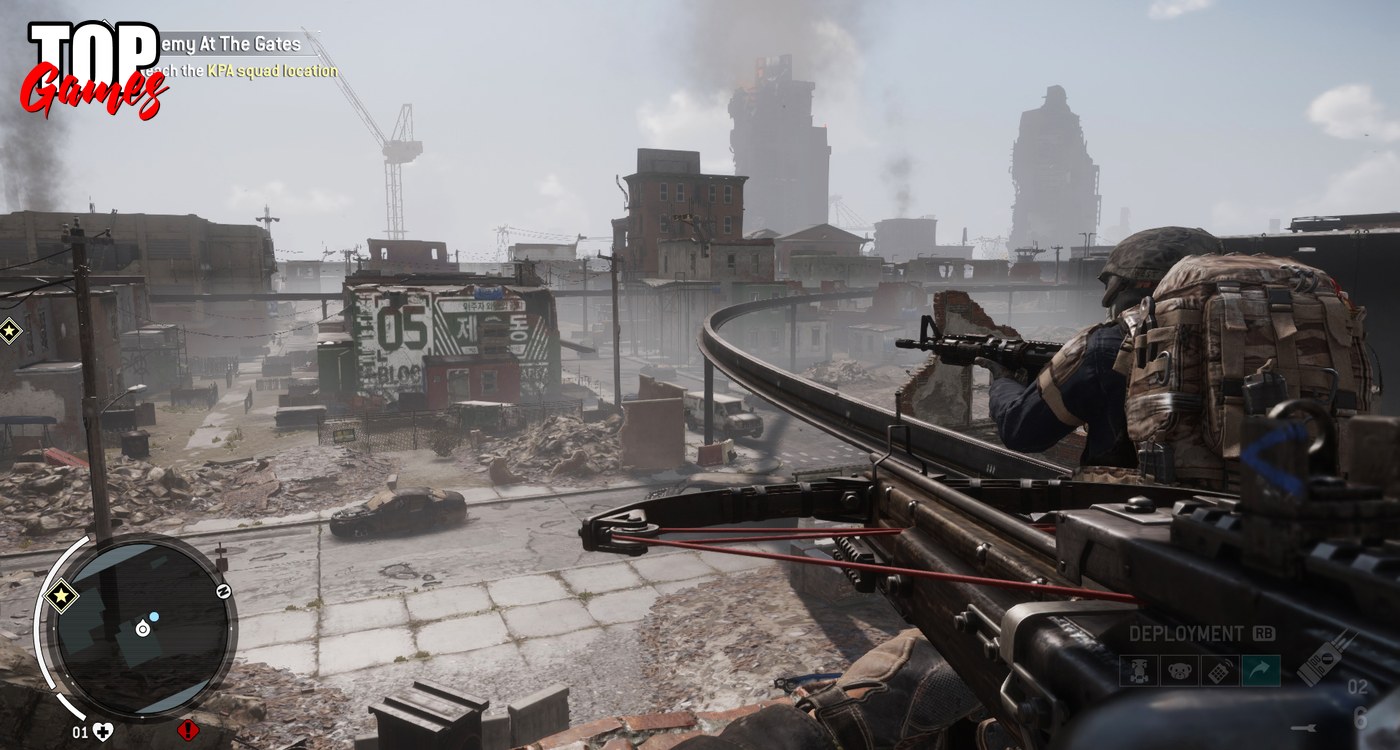 Un combattente osserva la cittร con una balestra in Homefront The Revolution