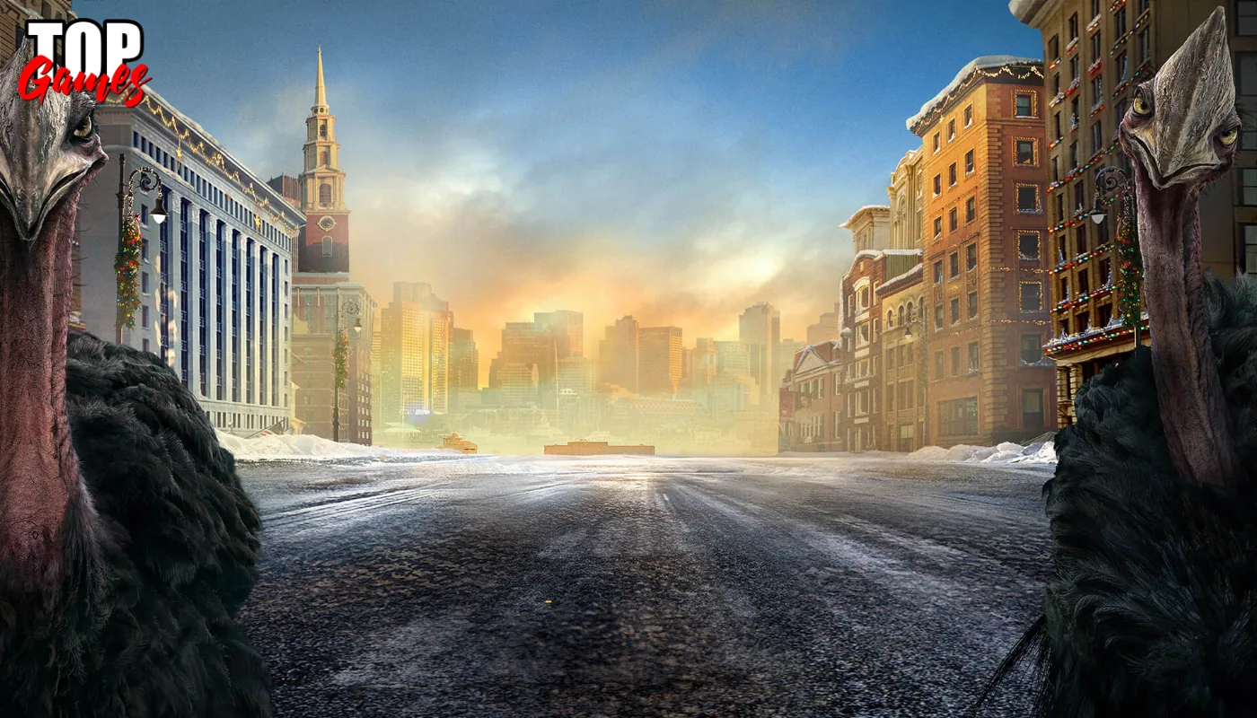 Creature di Jumanji Open World tra gli edifici di una città innevata