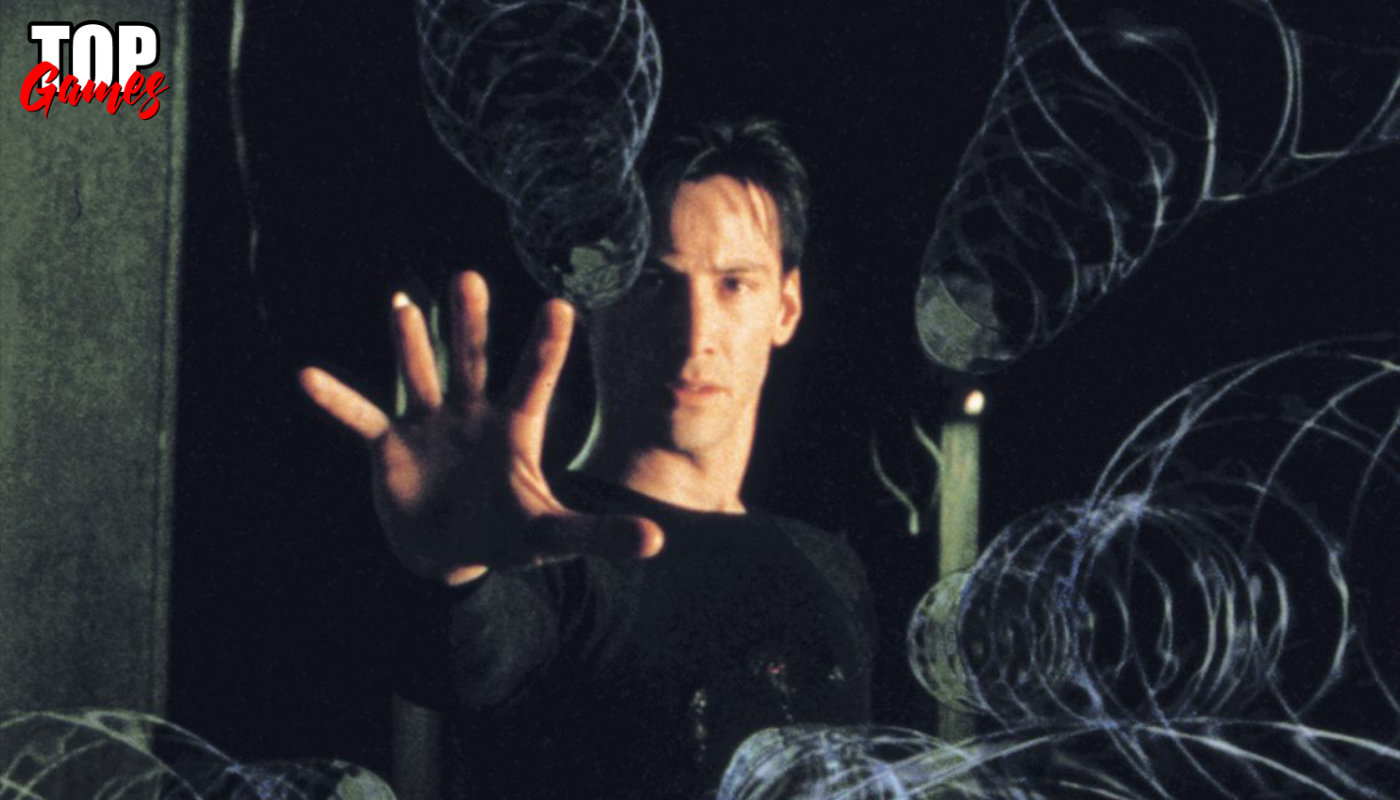 Neo con la mano sollevata davanti ai proiettili in Matrix