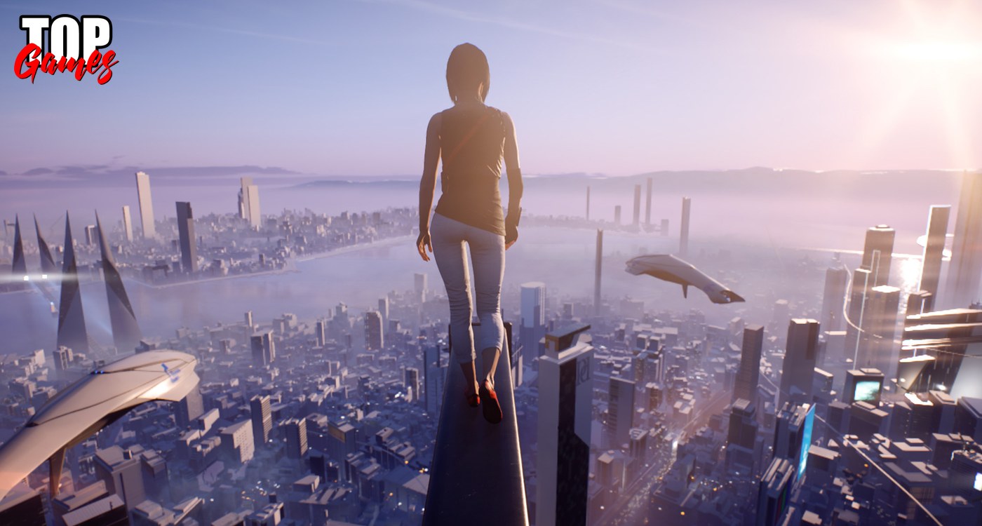 Faith osserva la cittร di Glass dall'alto in Mirrors Edge Catalyst