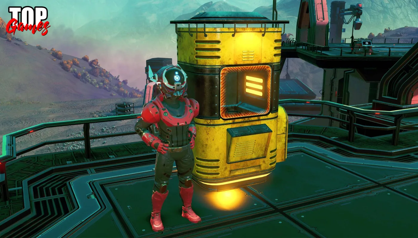 Un viaggiatore accanto al terminale per le consegne in No Mans Sky Forsaken