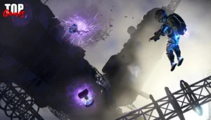 Un viaggiatore nello spazio accanto a reperti luminosi in No Mans Sky Forsaken