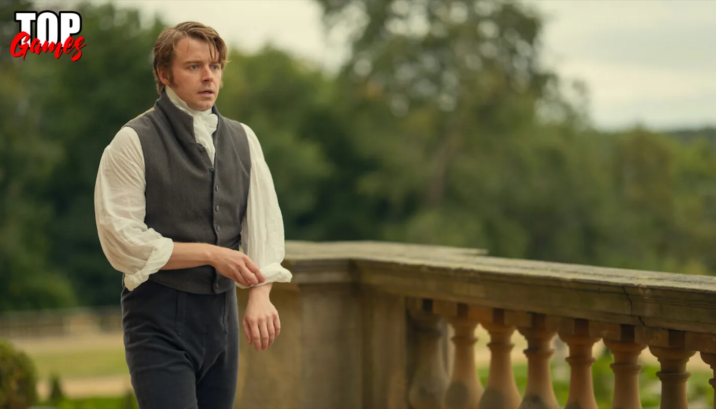 Jack Lowden interpreta Mr Darcy sulla terrazza in Orgoglio e Pregiudizio