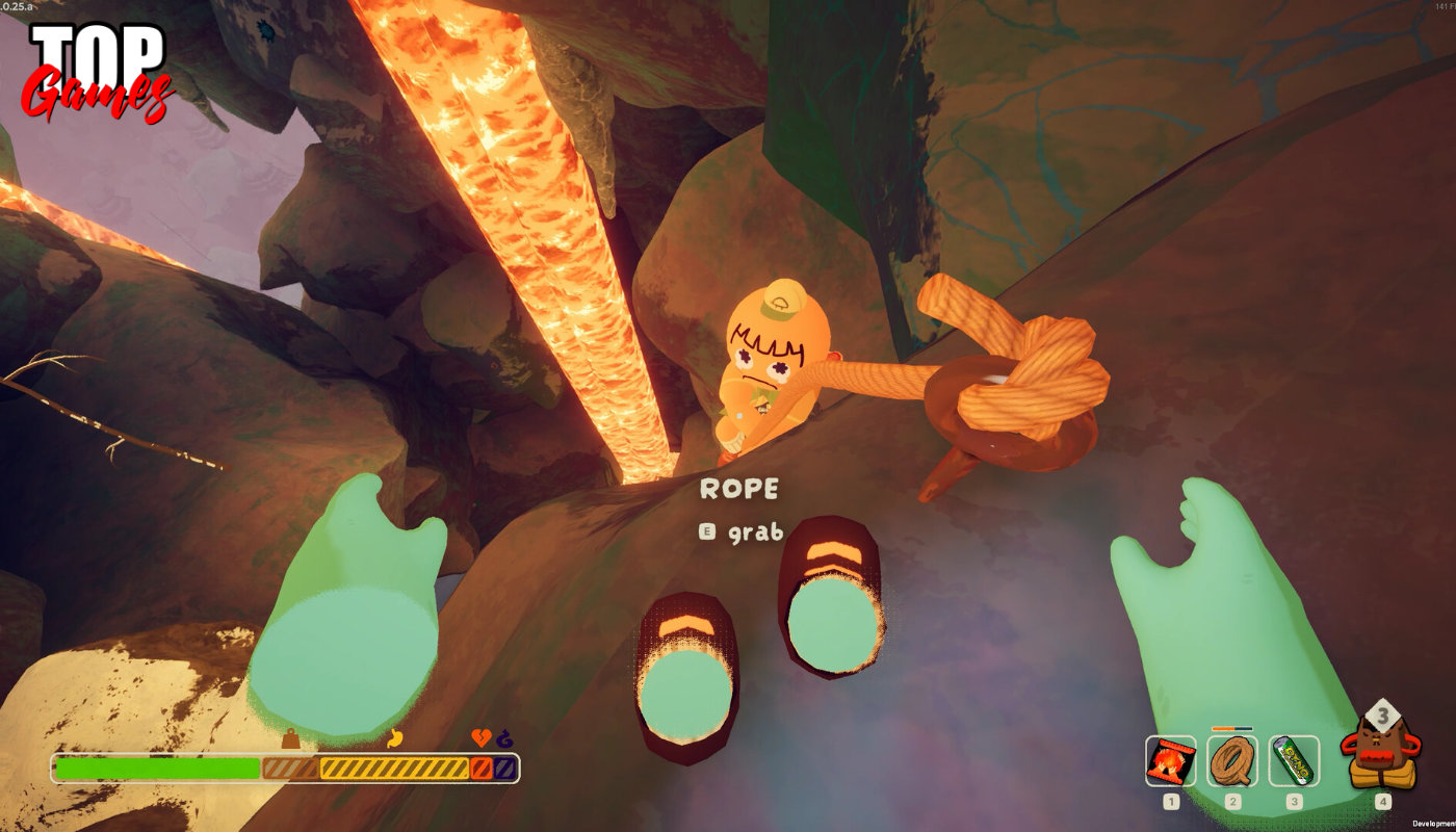 Un compagno usa una corda in Peak su PS5 vicino alla lava