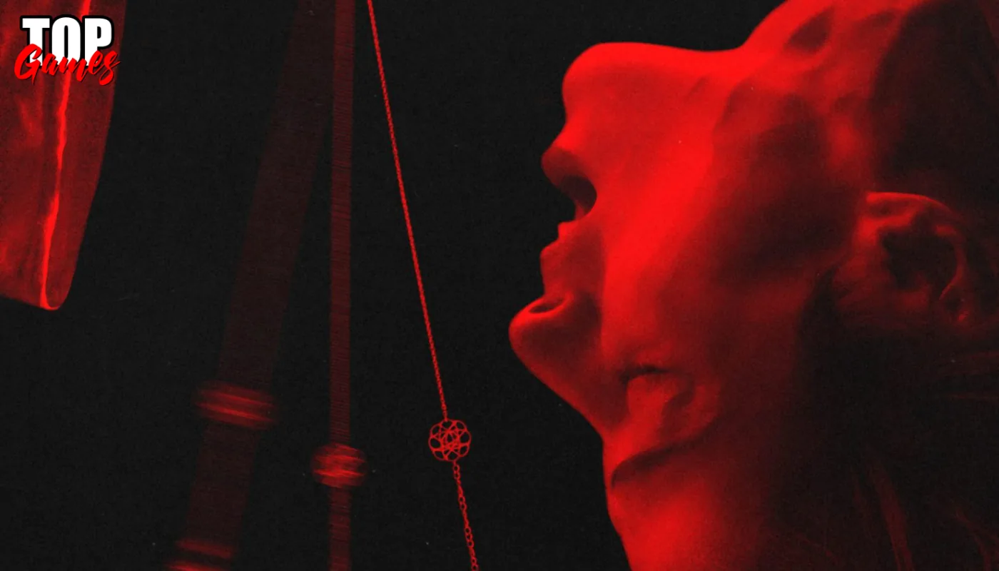Un volto illuminato di rosso e pendoli nel visual promozionale di Pendulum